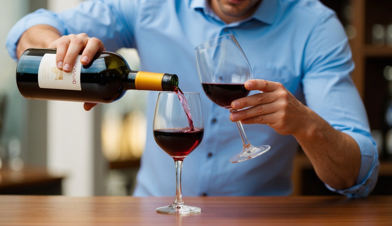 Man pouring red wine from a bottle into two wine glasses