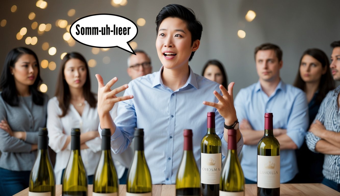 A person confidently saying "somm-uh-lee-er" while surrounded by wine bottles and a group of confused listeners