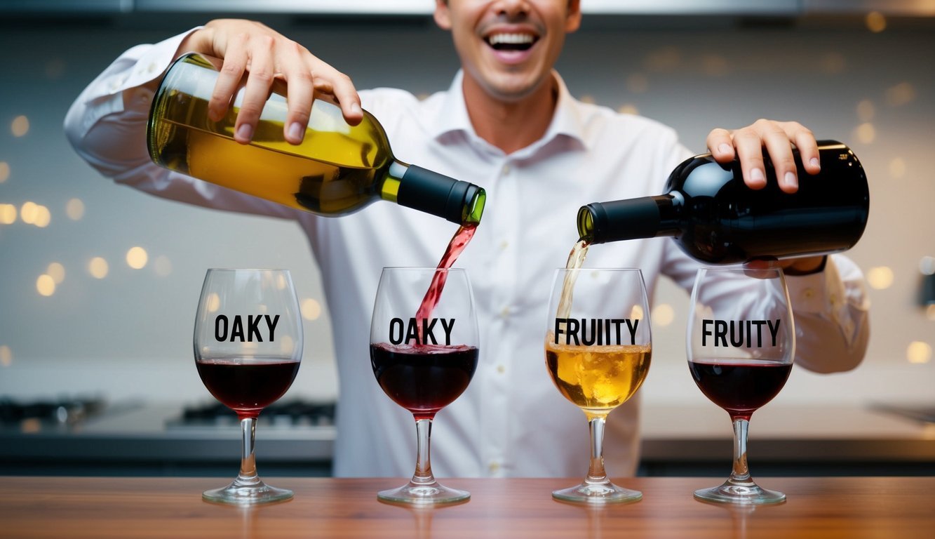 A person pouring wine into two distinct glasses, one labeled 'oaky' and the other 'fruity', with exaggerated expressions of satisfaction and disappointment