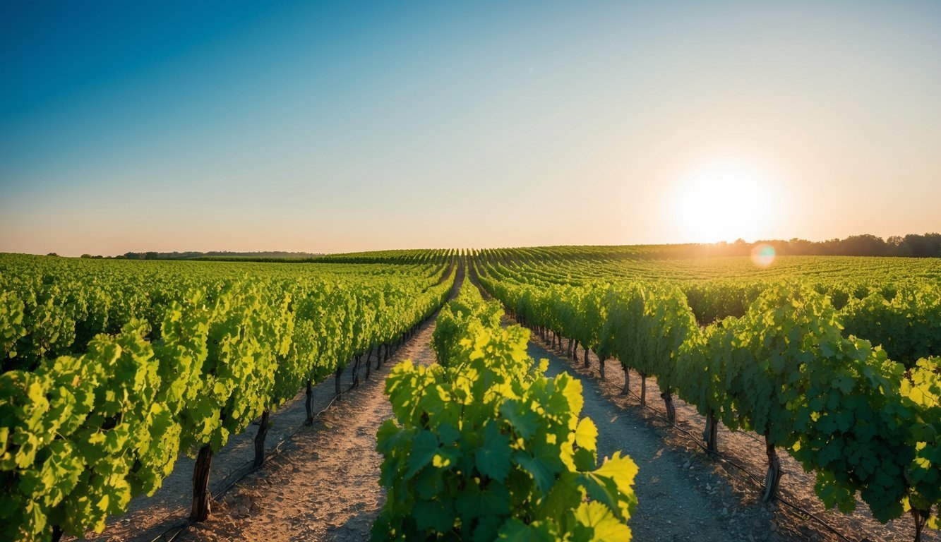 Vineyard rows under a bright sun, with lush green grapevines and a blue sky