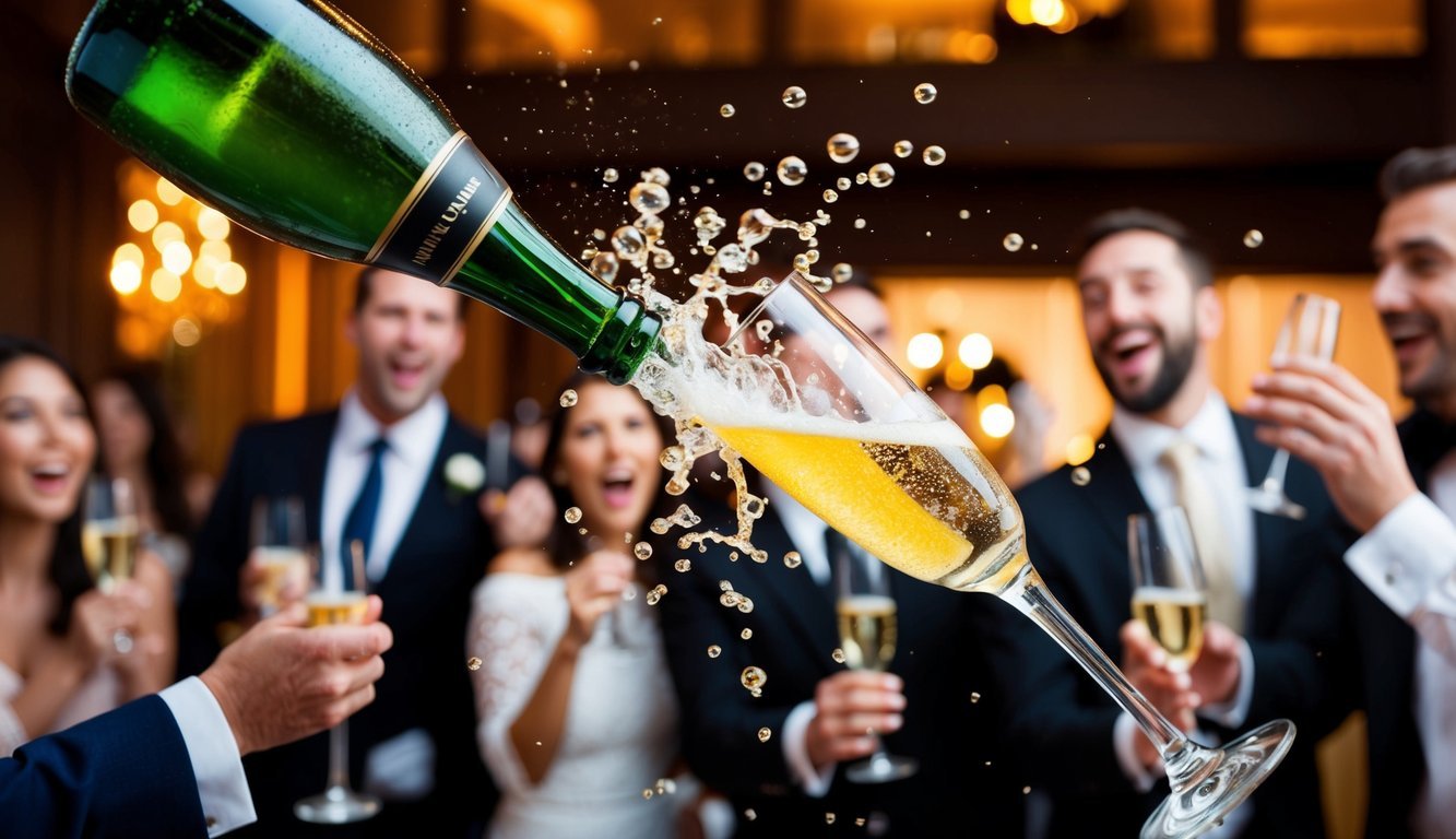 Bubbling champagne spills from a tipped-over glass, surprising onlookers at a fancy party