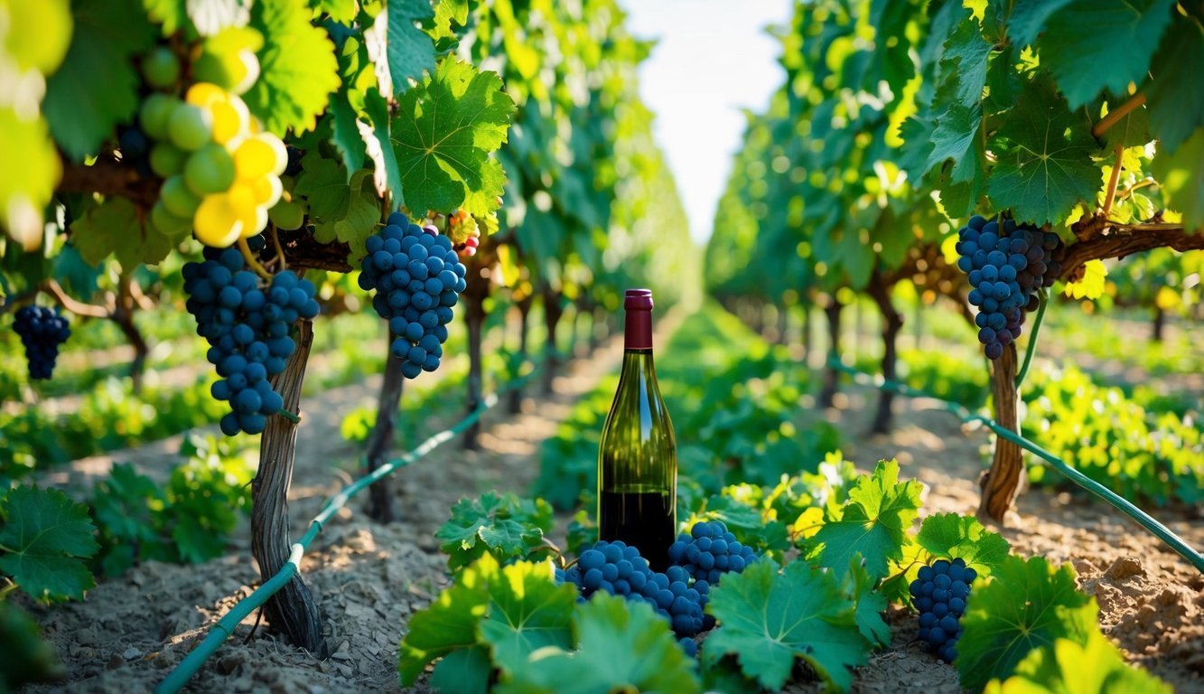 A lush vineyard with rows of grapevines, each heavy with clusters of plump, ripe grapes, and a bottle of wine sitting amidst the bountiful harvest