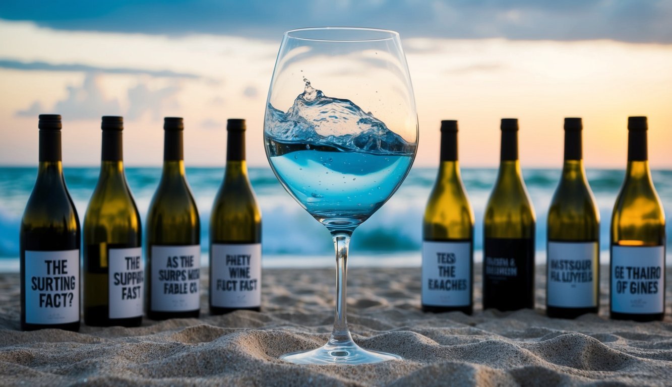 The wine glass sits on a sandy beach, waves crashing inside it.</p><p>Eleven wine bottles stand nearby, each with a different surprising fact written on the label