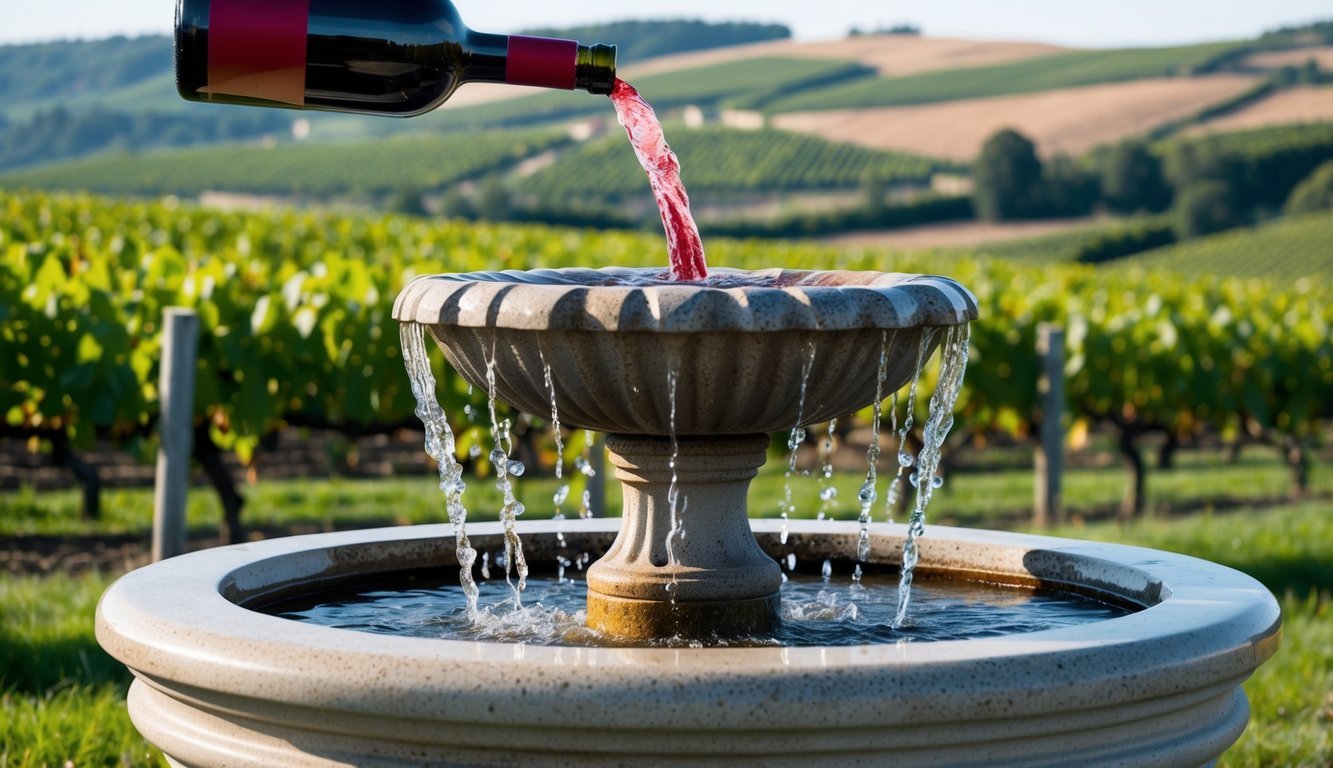 A stone fountain in a French vineyard, pouring red wine.</p><p>Surrounding it are vineyards and rolling hills