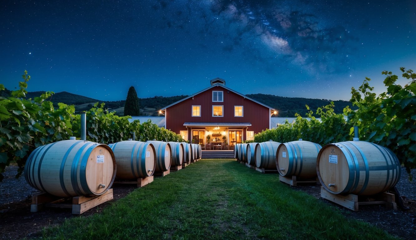 A winery with barrels and vats, some containing fish bladders, surrounded by vineyards under a starry night sky