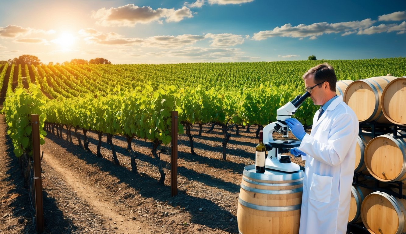 A vineyard with rows of grapevines under a sunny sky, a winery with barrels, and a scientist examining wine under a microscope