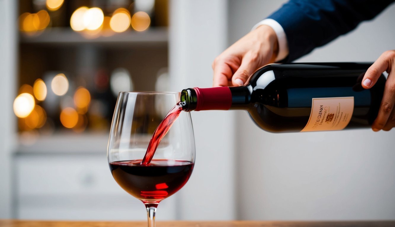 A hand pours red wine from a bottle into a glass