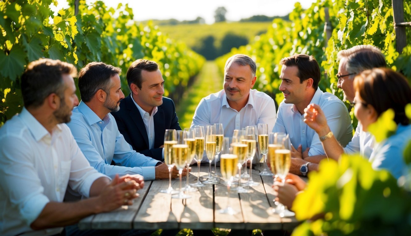 Group of people enjoying champagne at a table in a vineyard