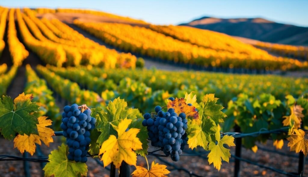 Vineyard with ripe grapes and yellow leaves in autumn