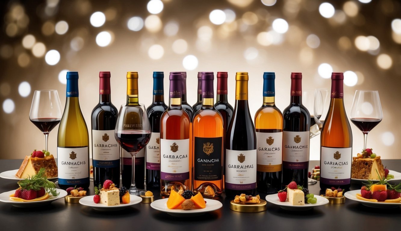 Bottles of wine, glasses, and appetizers on a table with bokeh background