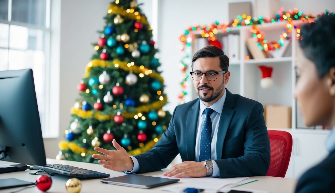 Businessman in suit gestures during a meeting in a decorated office with Christmas tree
