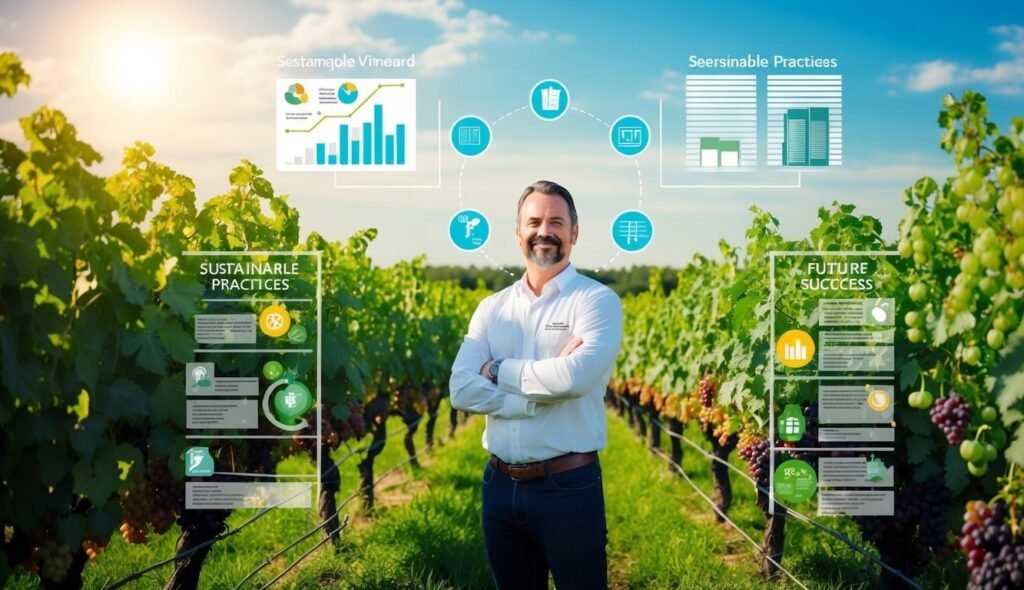 Man in vineyard with infographics about sustainable practices and future success