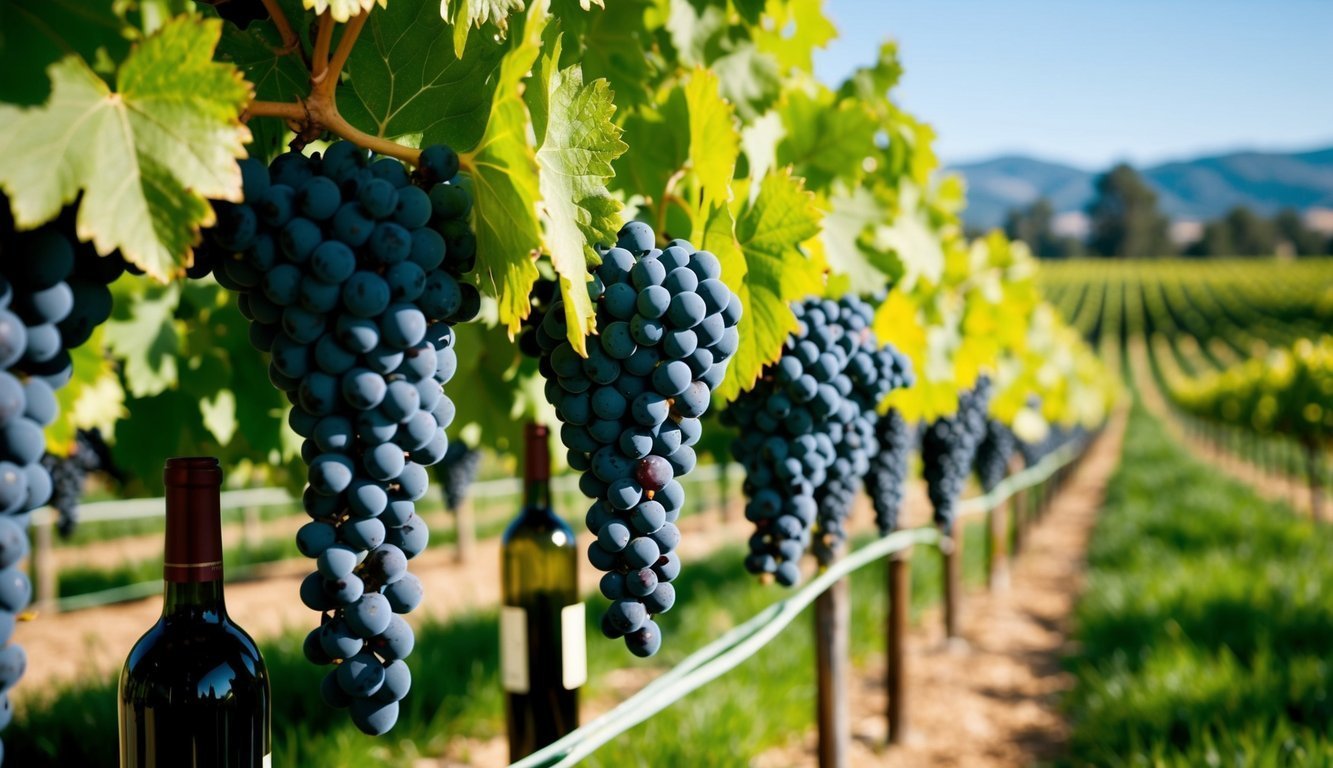 Vineyard with ripe grapes, wine bottles, and rows of grapevines in the background