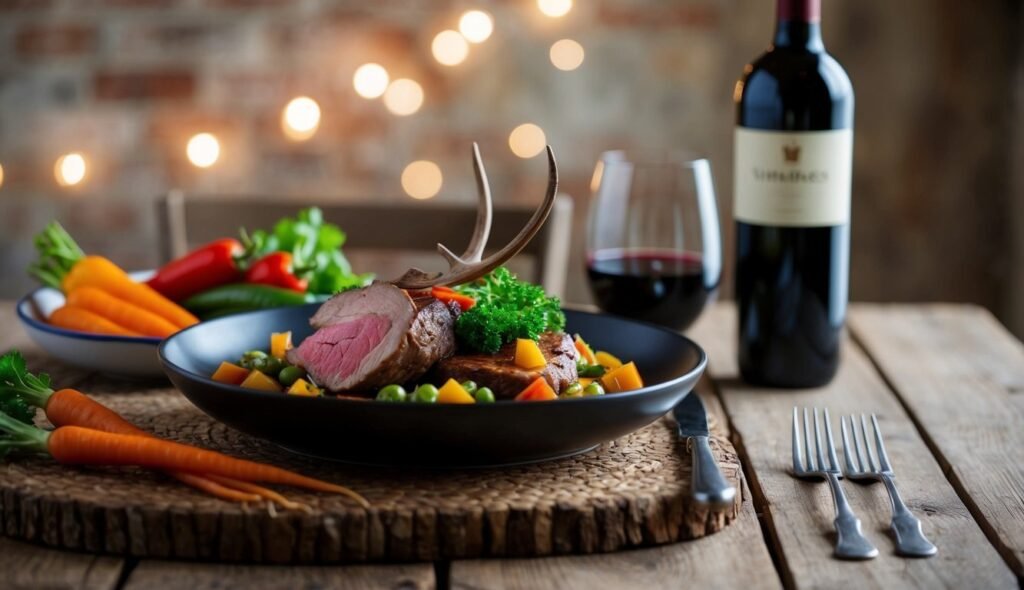 Plate of meat with antler garnish, vegetables, wine, and carrots