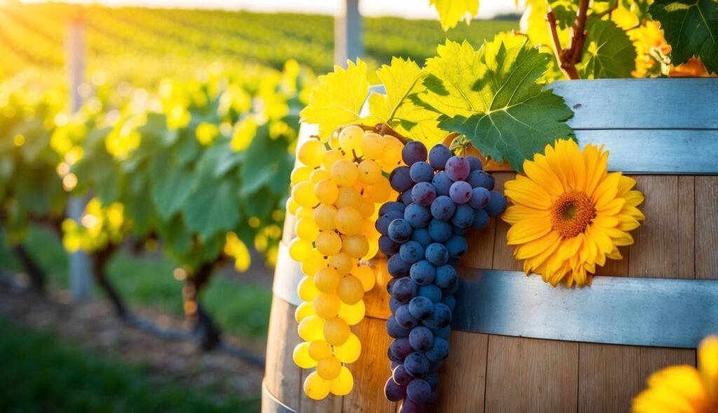 Grapes, sunflower, and vineyard scene with a wooden barrel in sunlight
