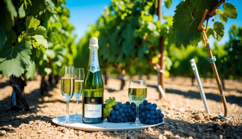 Champagne, grapes, and glasses on a tray in a vineyard