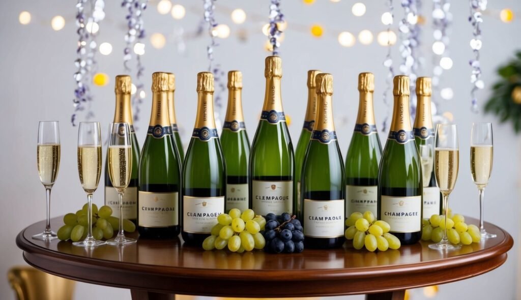 Champagne bottles, glasses, and grapes on a round table, festive background