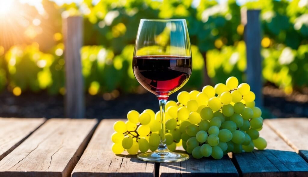Glass of red wine and grapes on a wooden table in vineyard