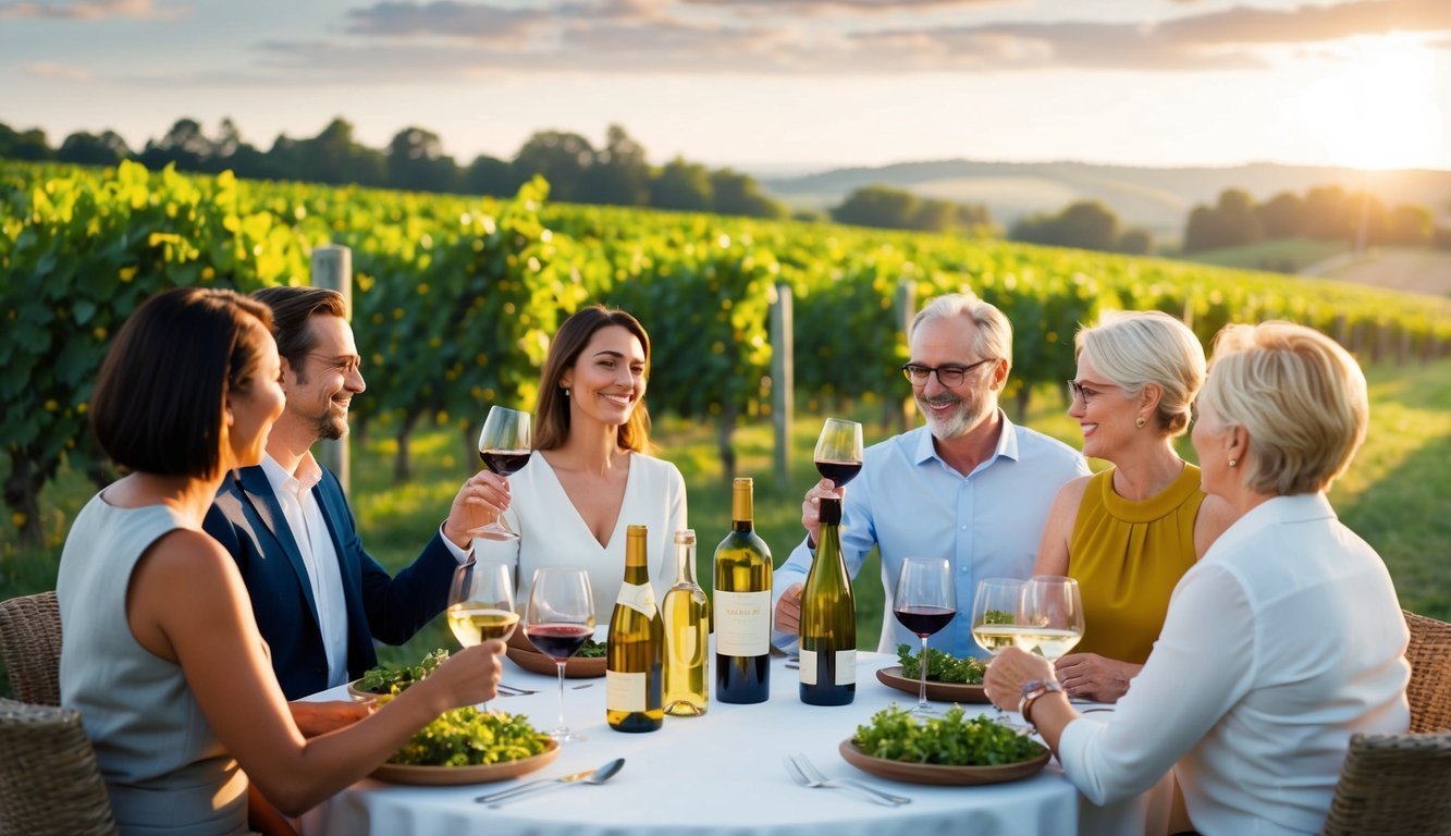 Group of people toasting with wine at a vineyard dinner