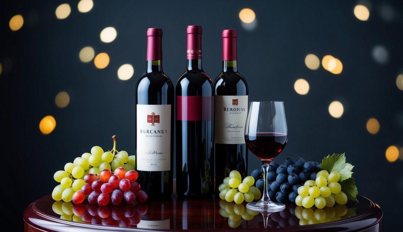 Three wine bottles, a glass of red wine, and grapes on a table