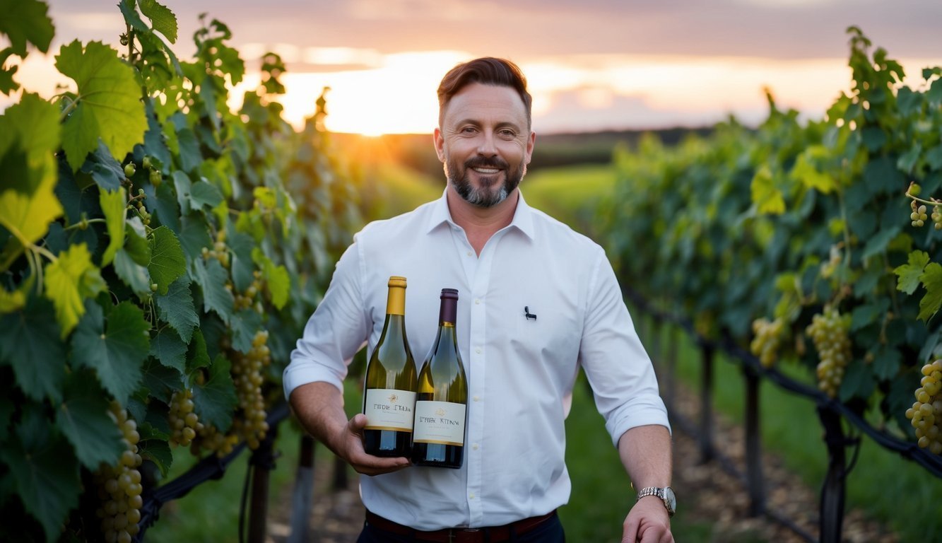 Man holding wine bottles in a vineyard at sunset