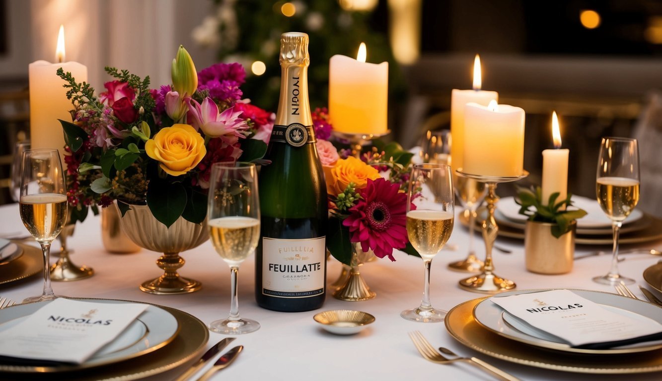 Elegant table setting with champagne, flowers, candles, and place settings