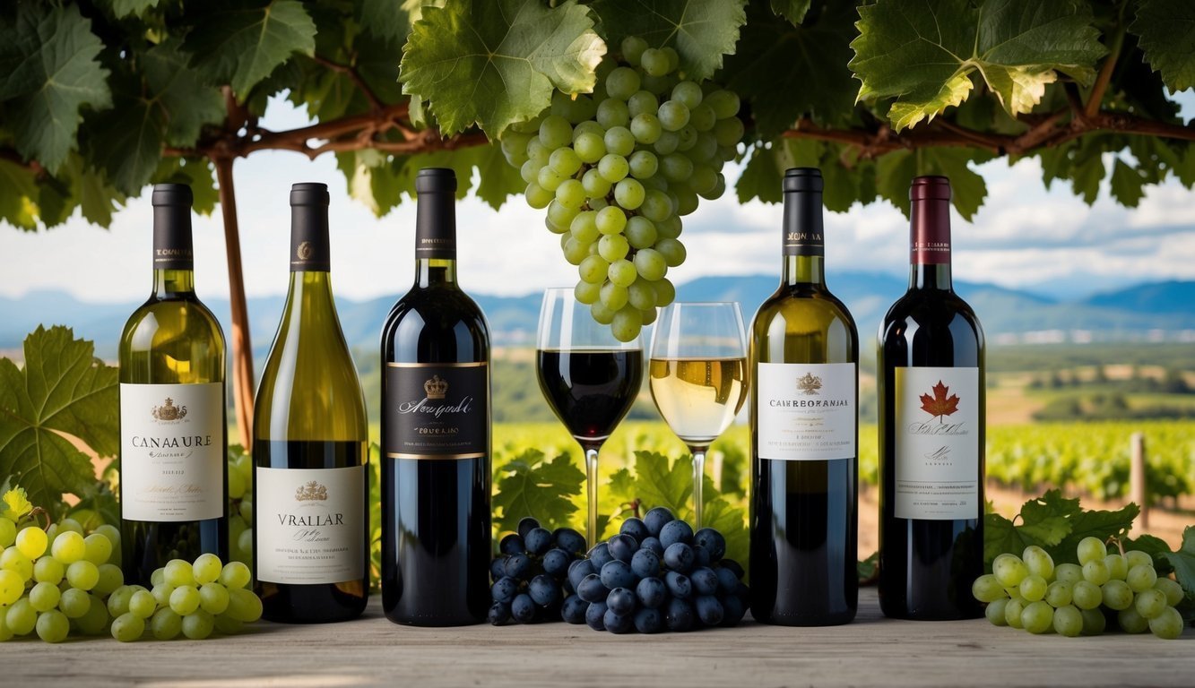 Wine bottles, grapes, and glasses on a wooden table, vineyard background
