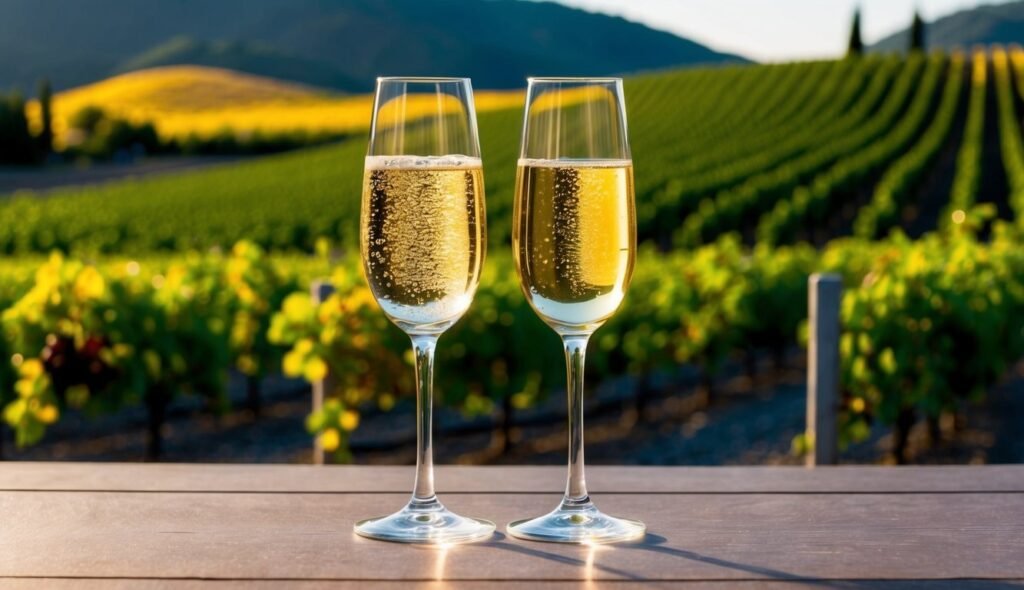 Two champagne flutes on a wooden table with vineyard background