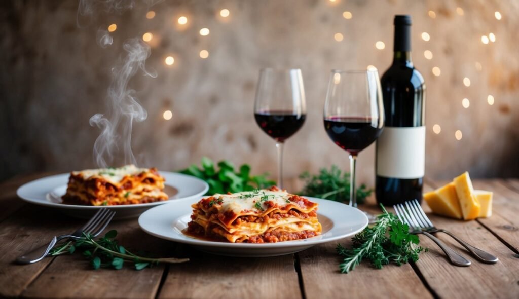 Two plates of lasagna, wine glasses, bottle, cheese, and fairy lights