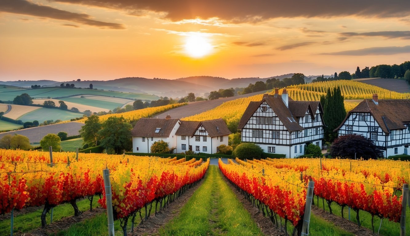Vineyard with colorful autumn leaves, houses, and sunset in the background