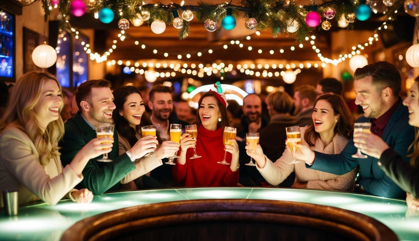 Group of friends toasting with beer at a festive bar