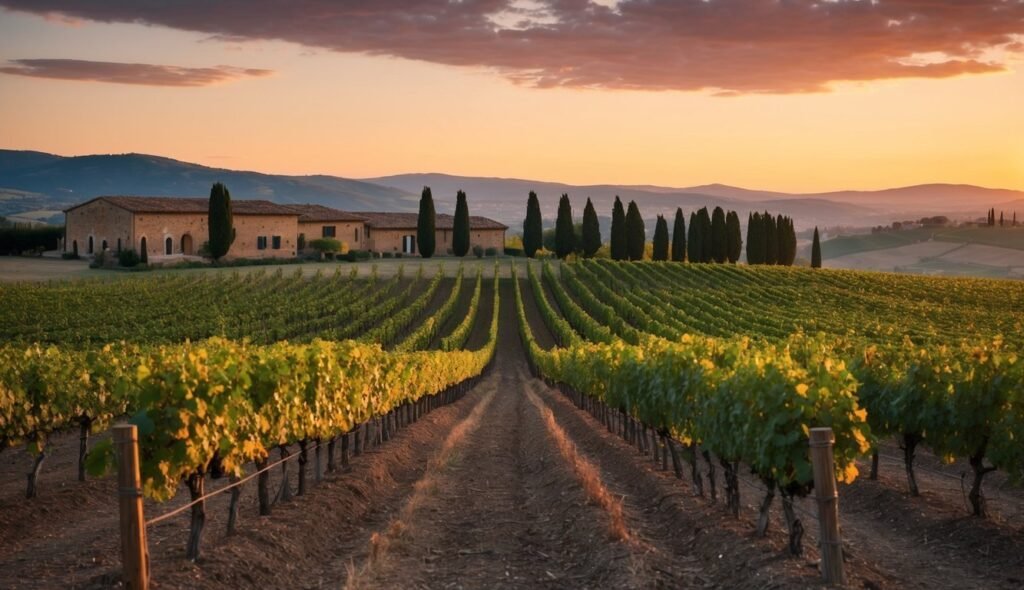 Vineyard at sunset with a farmhouse, rows of grapevines, and cypress trees