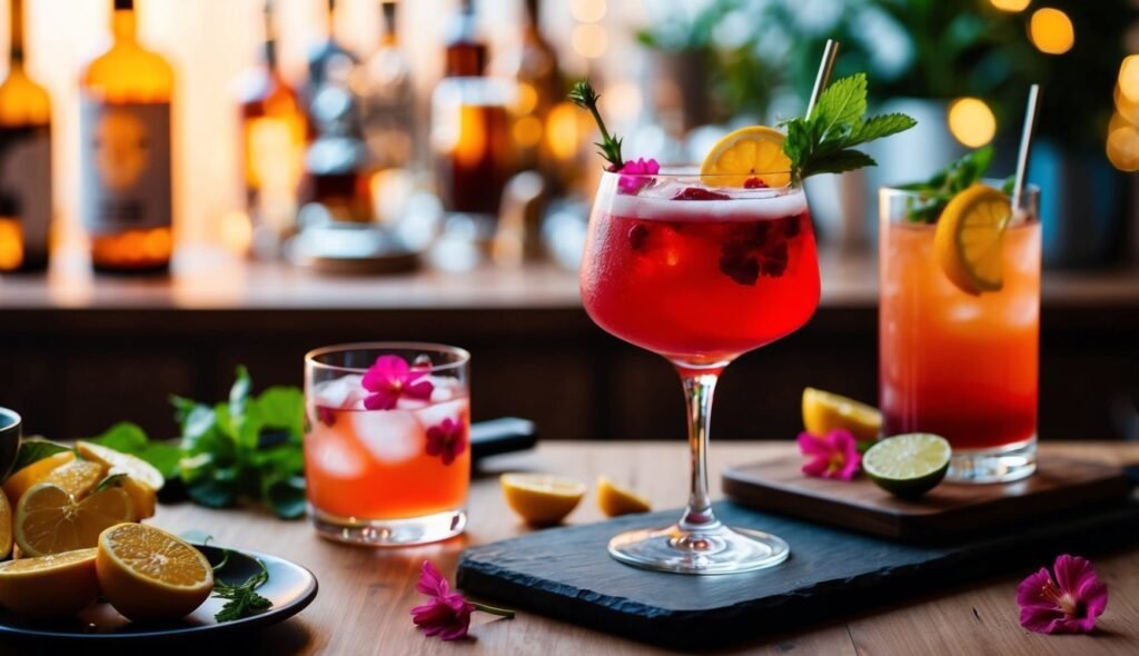 Three colorful cocktails with lemon garnishes and floral decorations on a bar