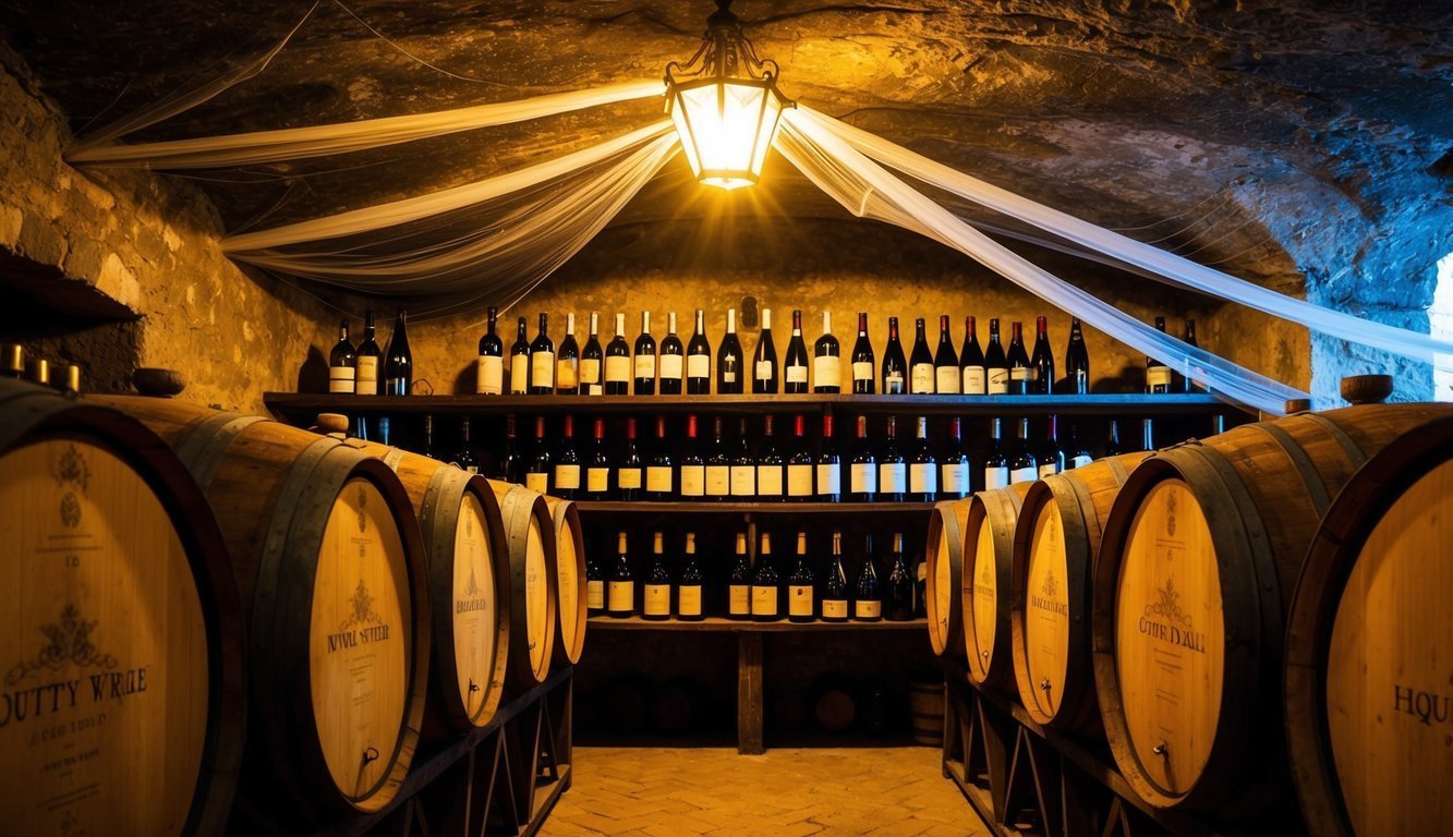 Wine cellar with wooden barrels and bottles on shelves, lit by a lantern