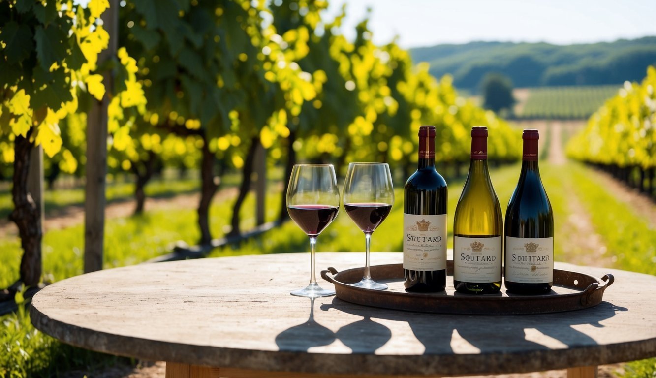 Wine bottles and glasses on a table in a vineyard