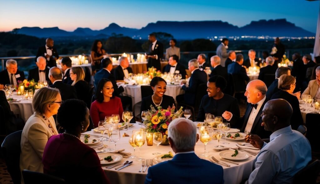 Formal dinner party with many guests, candles, and mountain view at dusk