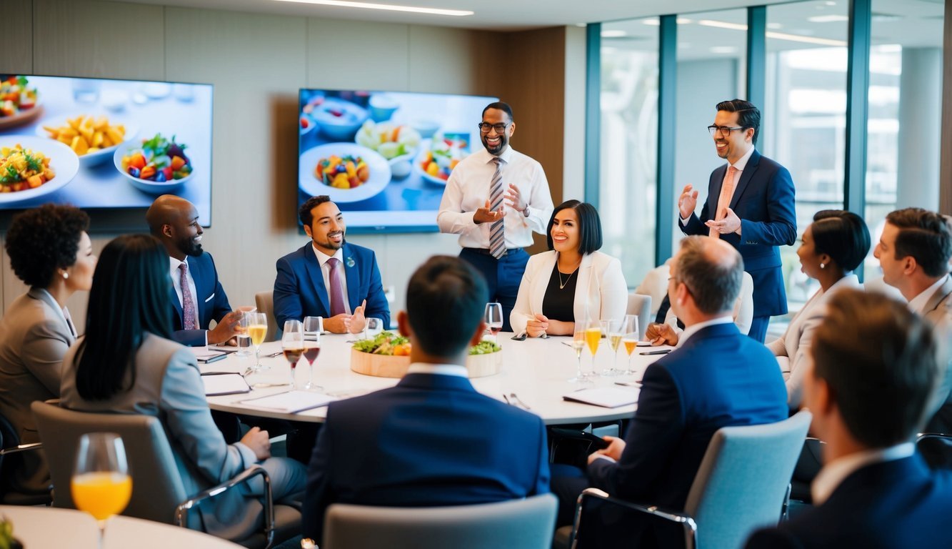 Business professionals in a meeting around a table with food and drinks