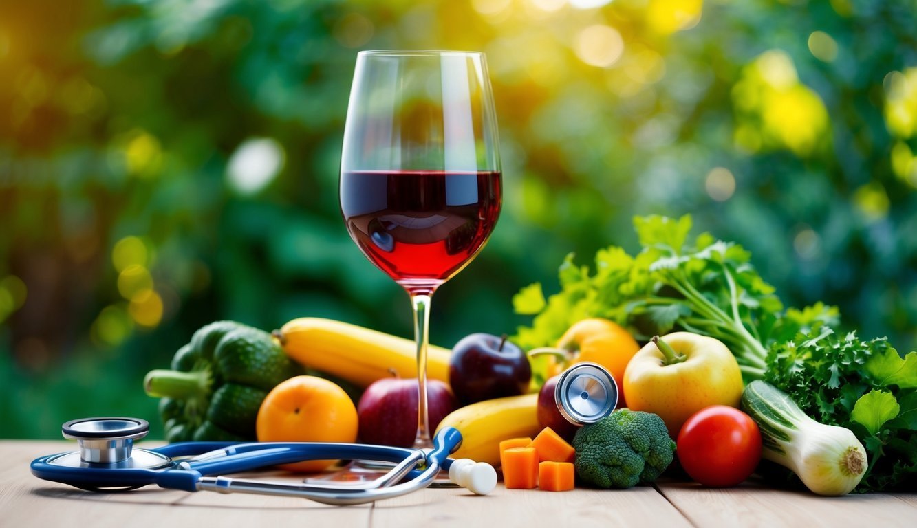 Glass of red wine, fruits, vegetables, and stethoscope on a table