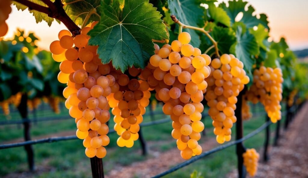 Golden grapes hanging from vines in a vineyard at sunset