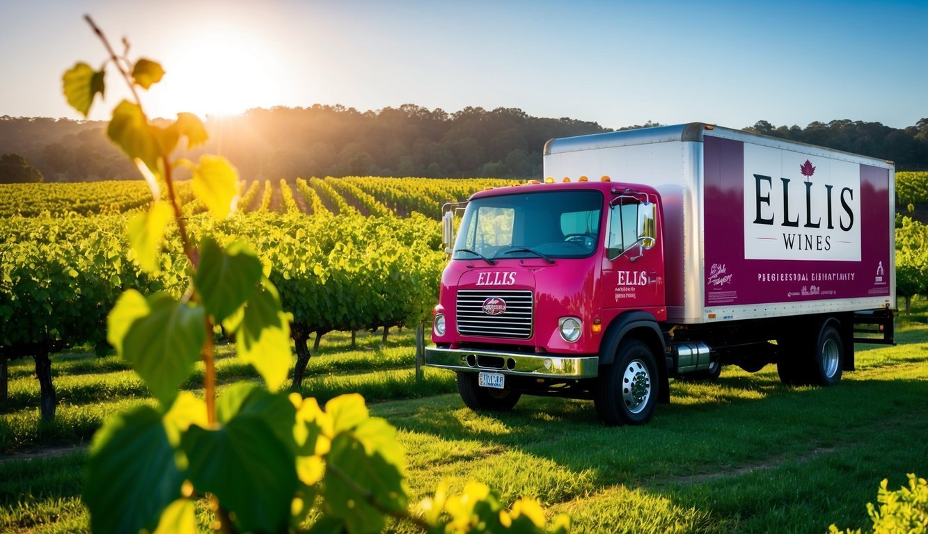 Pink Ellis Wines truck parked in a vineyard at sunset