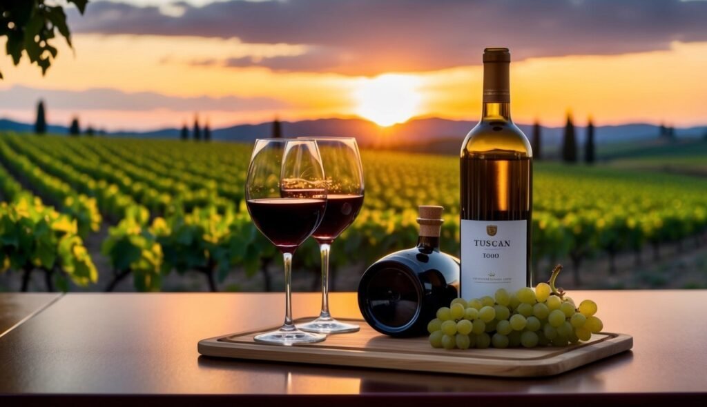 Wine glasses, bottles, and grapes on a wooden tray with vineyard sunset
