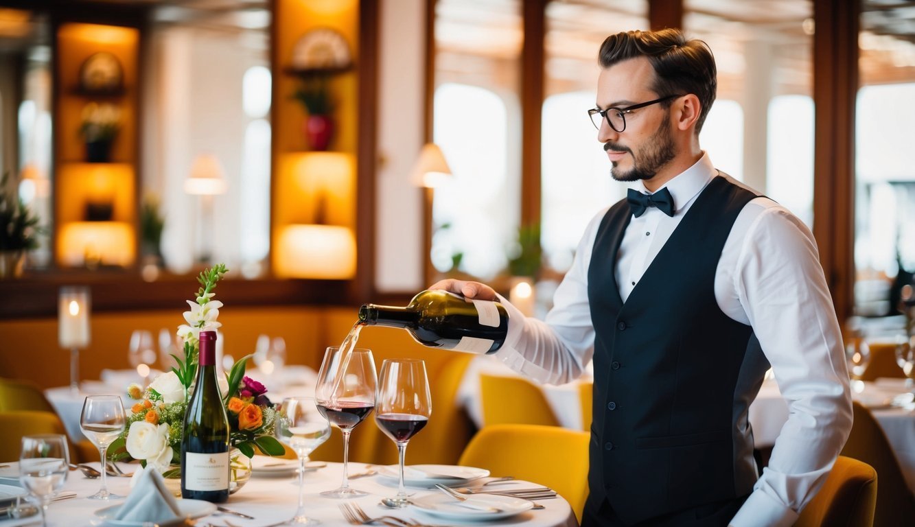 Waiter pouring red wine into a glass at a restaurant table