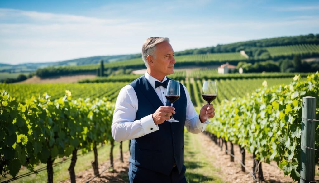 Man in vineyard holding two glasses of red wine, looking away