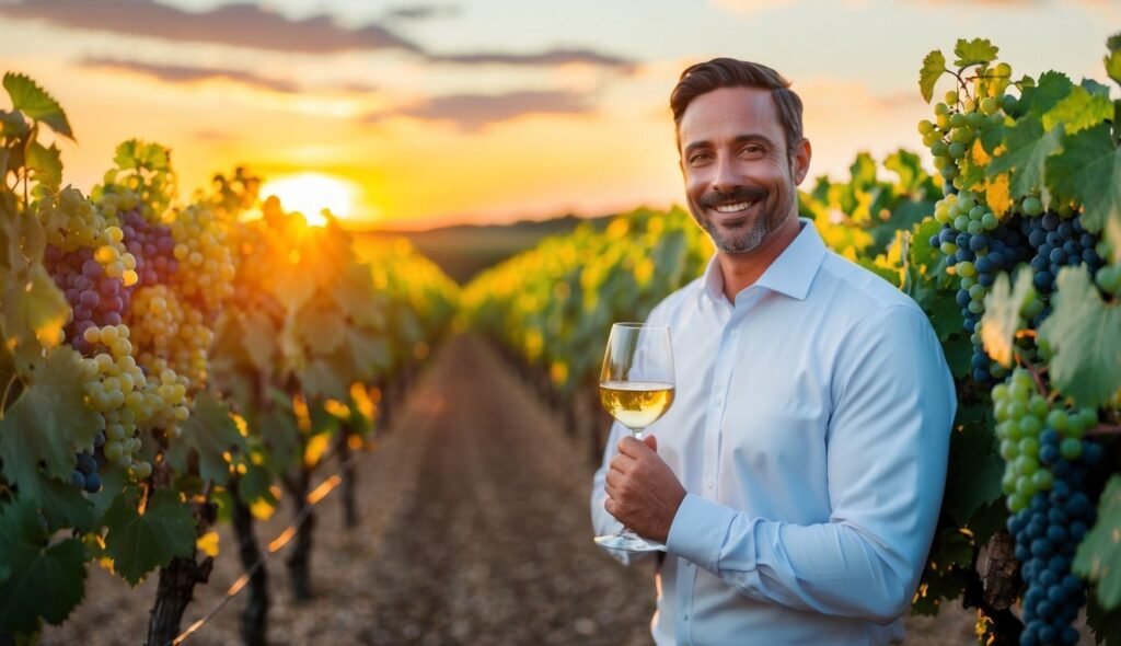 Smiling man holding wine glass in vineyard at sunset