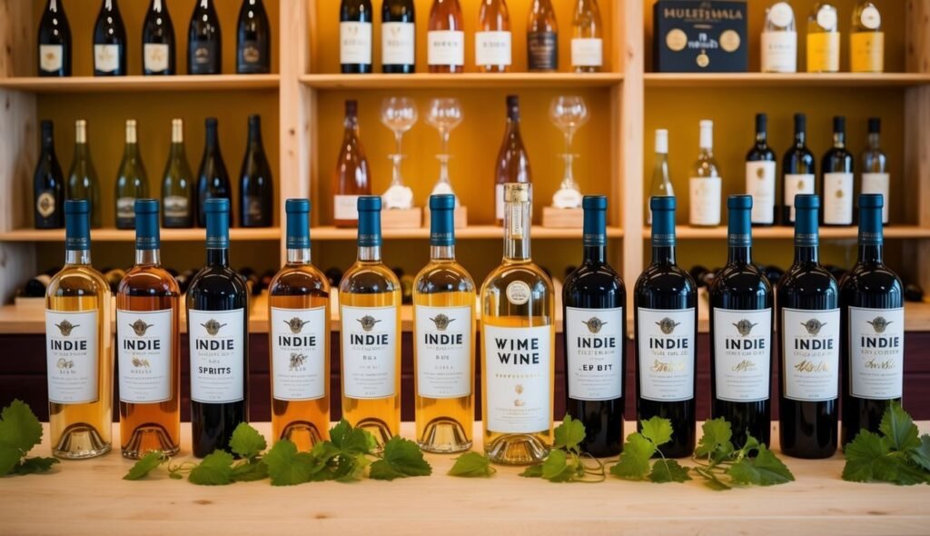 Bottles of wine with Indie labels on a wooden table. Shelves of wine in the background