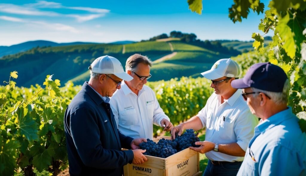 Four men examining grapes in a wooden crate in a vineyard