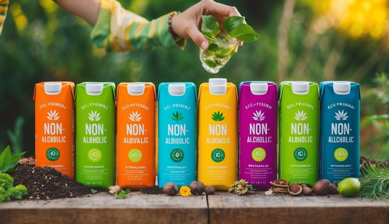 Colorful non-alcoholic beverage cartons with a hand holding a glass of herbs