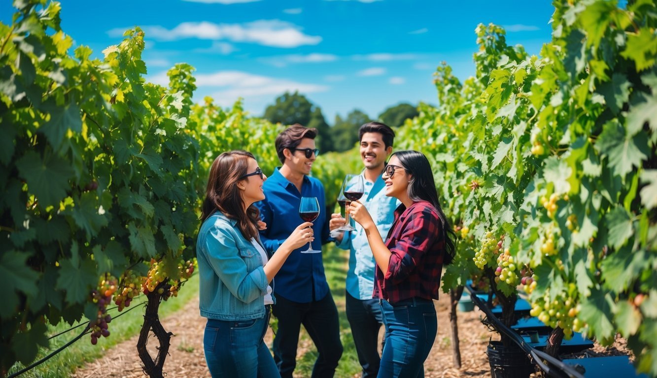 Four friends in a vineyard, toasting with glasses of red wine