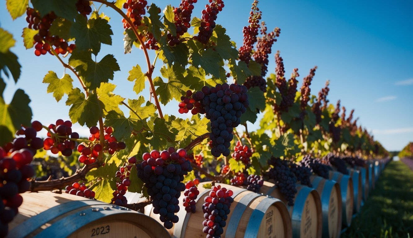 Vineyard with rows of grapes hanging over wooden barrels, blue sky