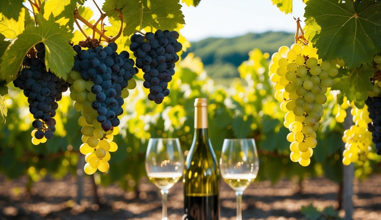 Vineyard scene with grapes, wine bottle, and glasses of white wine